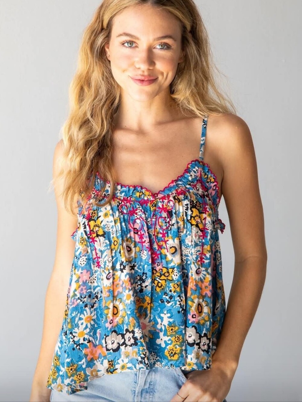 NATURAL LIFE Blue Floral Embroidered Trim Camisole Size Med Boho Cottagecore